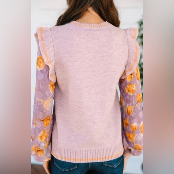 Fate Lilac Cable Knit Sweater with Floral Sleeves Size L - Picture 2 of 10